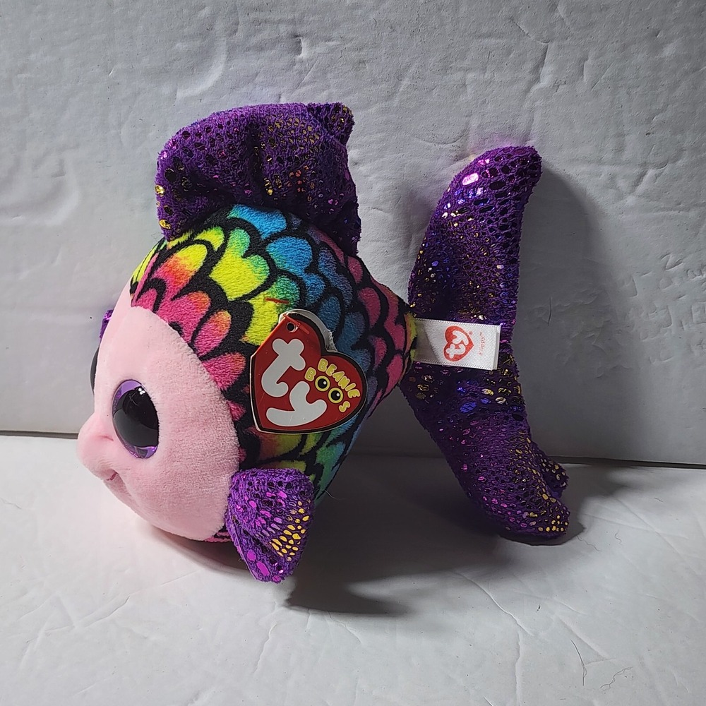 Ty Beanie Boos FLIPPY Fish Large Glitter Eyes Rainbow Purple Shiny Plush 6" New
